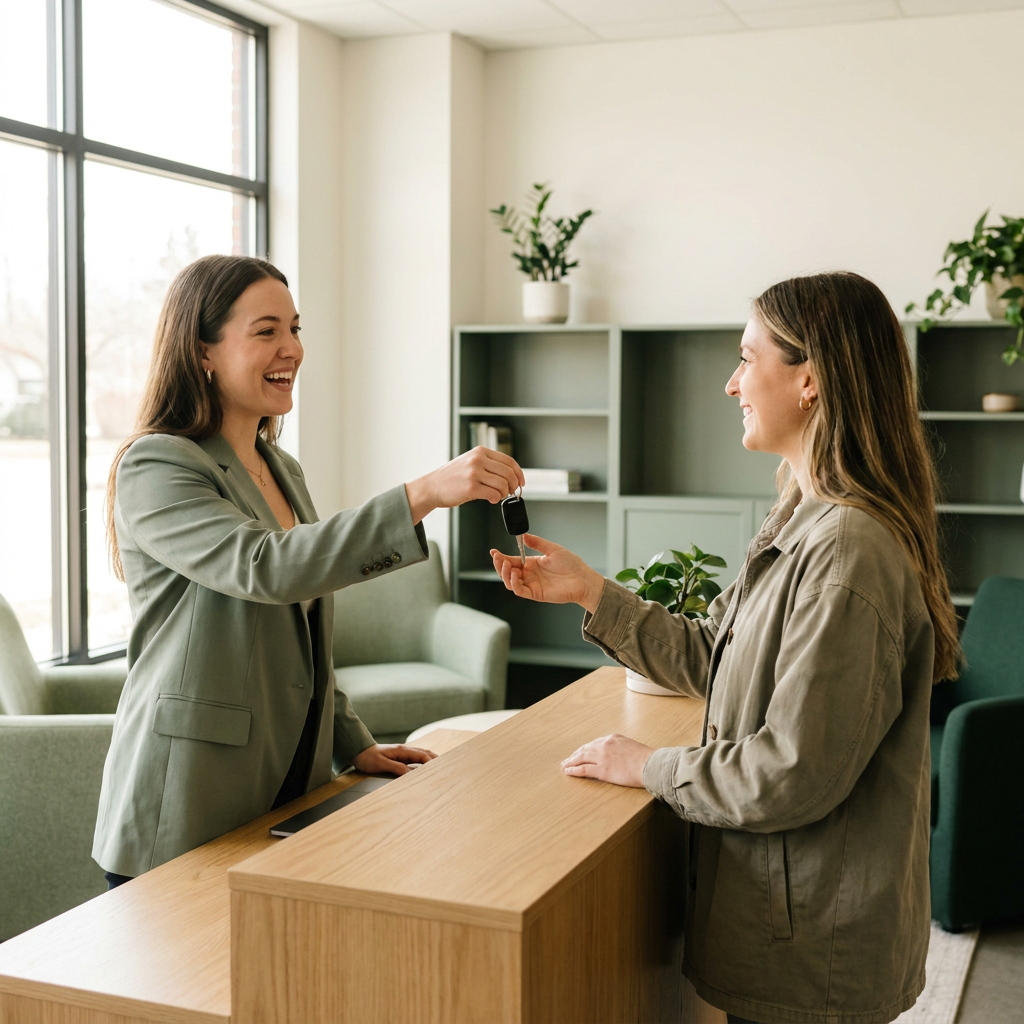 A rental agent handing over keys at the counter